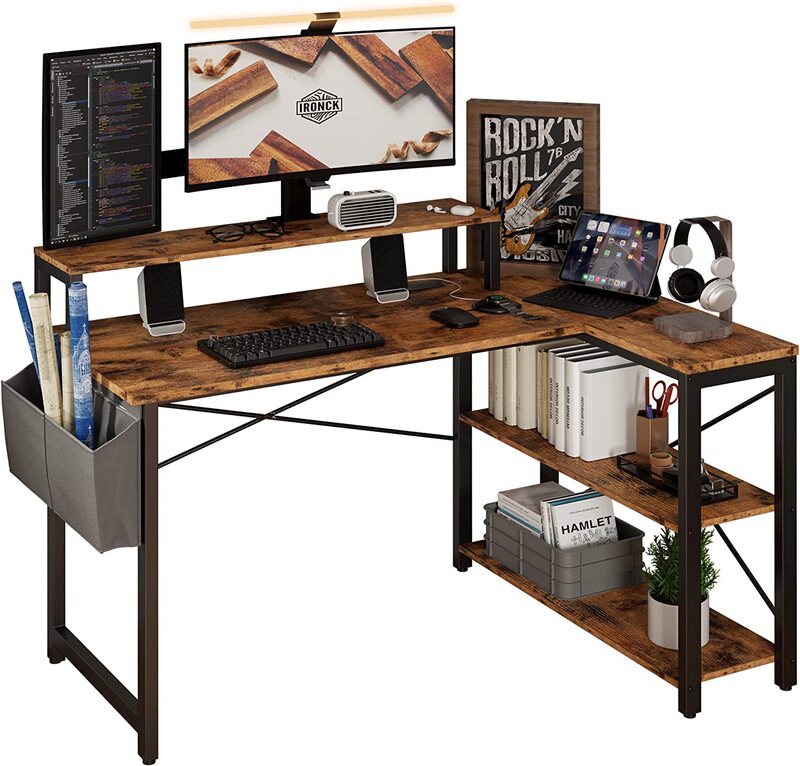 Home L-Shaped Desk with Charging Station and Storage Shelves 47inch Corner Computer Desk with Monitor Stand