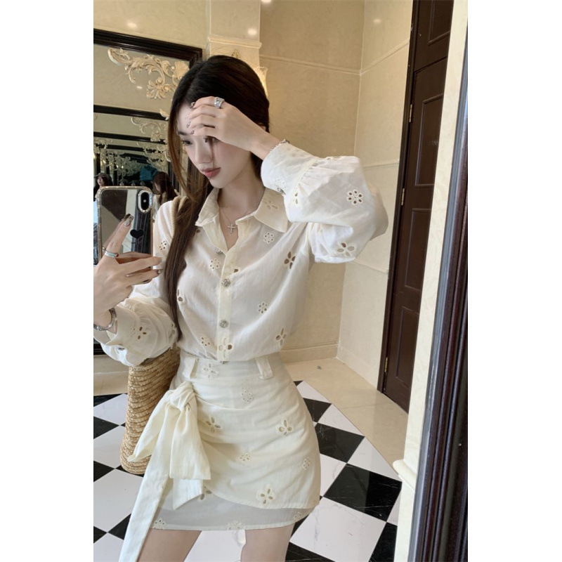Nunbai French Style Suit Cut Out Long-Sleeved Shirt Top Women's Spring High-Waist Strap Bag