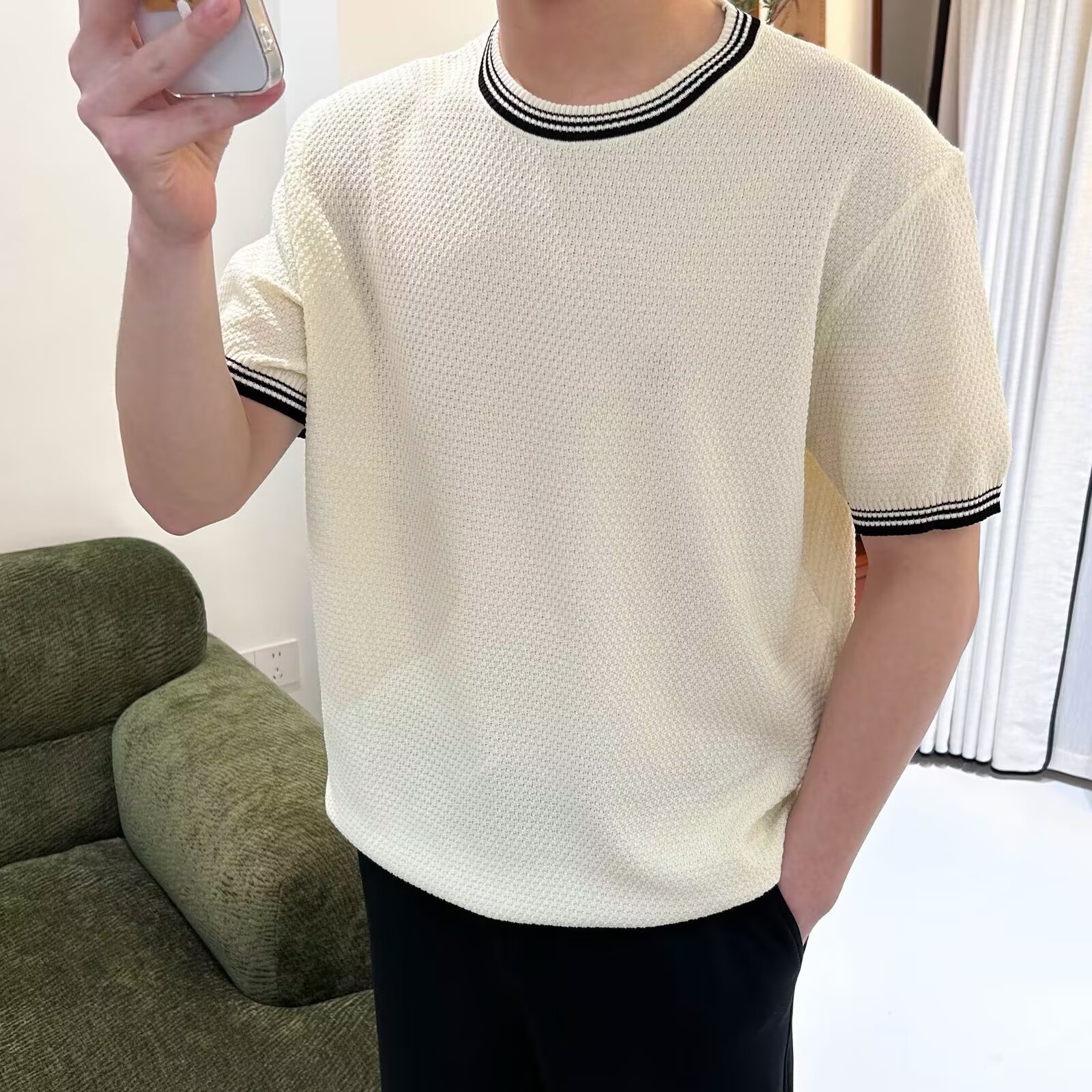 Factory Direct Sales Korean Style Light Luxury Color-Blocked Round-Neck Knitwear Summer Chanel-Style Slim-Fit Stretchy Short-Sleeve Trendy Men's Style