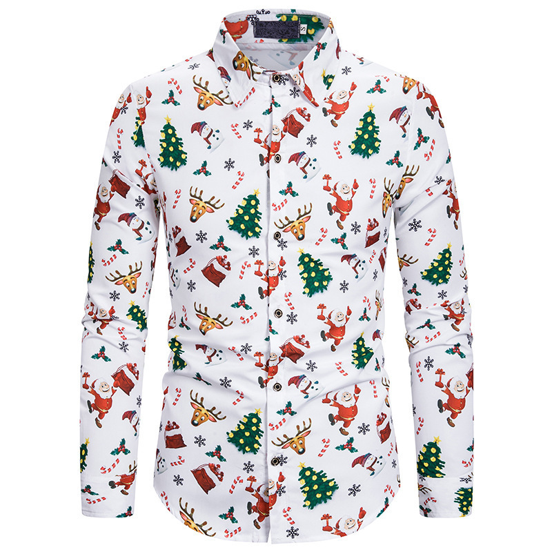 2022 Men's Long Sleeve Shirt Christmas Shirt Banquet Holiday Printed Top Fashion Cartoon Men's Long Sleeve Shirt