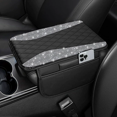 Diamond-embellished car interior armrest pad, diamond-filled armrest box pad for women, protective cover with hot-stamped diamonds, armrest box pad