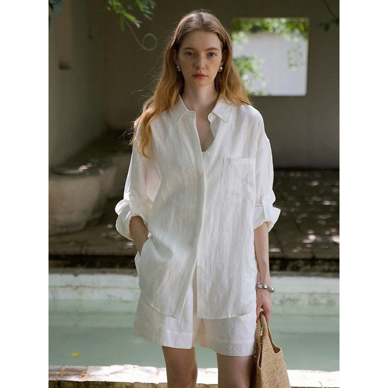 Countome Relaxed Summer/Leisurely Casual Style All-Linen Oversized Shirt/Shorts Set