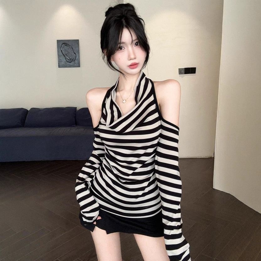 Ins Pure Desire Sexy Swing Collar Stripesd Shoulder Long-Sleeved T-Shirt Women's Spring & Fall Sexy Fashion Chi Bottoming Shirt Top Women's t