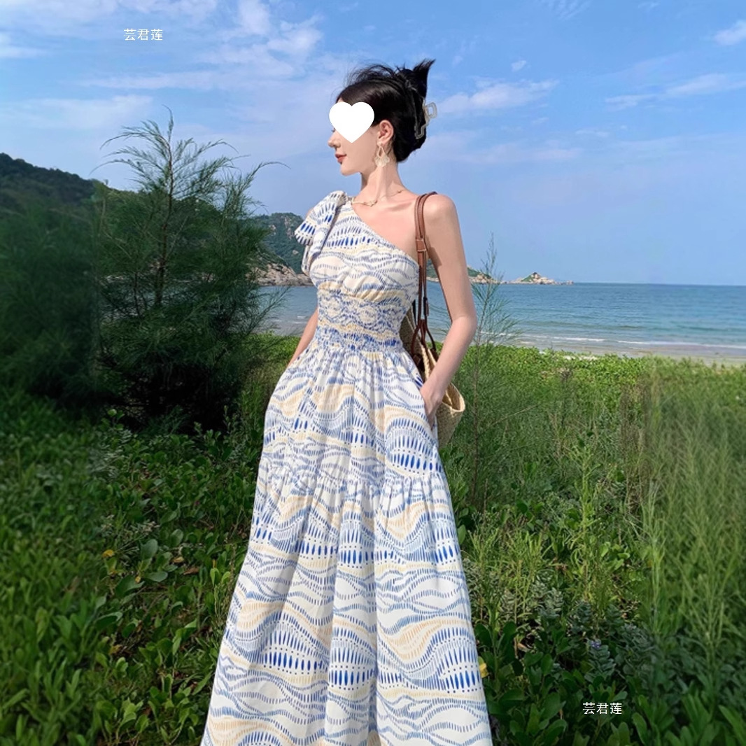 태국 여행 사진 찍기 비대칭 어깨 드레스 틈새 디자인 기질 허리 스커트 산야 리조트 비치 롱 스커트