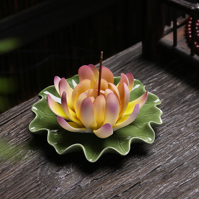 陶瓷手工花创意线香炉家居摆件香座香薰炉檀香炉线香插莲花香插|ru