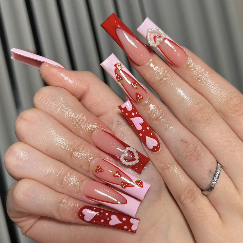 Valentine's Day pink three-dimensional love pearl wearing nail nail long French strawberry nail nail tablets finished wholesale
