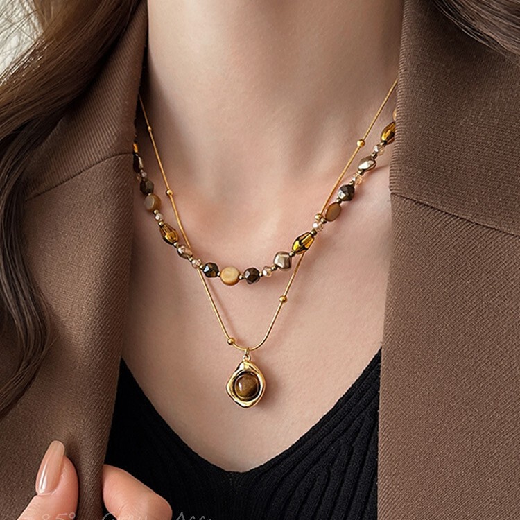 Set Necklace for Women, Retro Tiger Eye Stone, Natural Stone Beads, New Light Luxury Fashion Clavicle Chain, Elegant Sweater Chain Set Necklace for Women, Retro Tiger Eye Stone, Natural Stone Beads, New Light Luxury Fashion Clavicle Chain, Elegant Sweater Chain