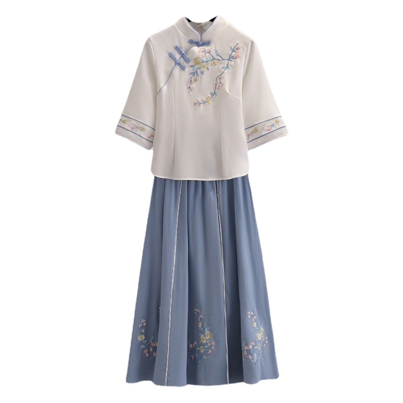 Elegant Skinny Retro National Style Niche Artistic Embroidered Cheongsam Shirt Seven-Sleeve Top Large Size Women's Tang Dress