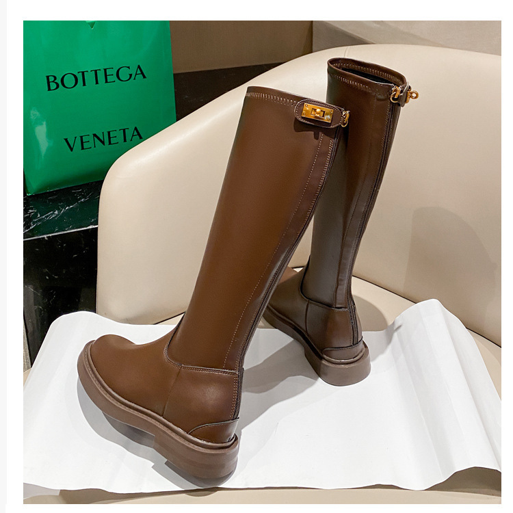 HH-52022 autumn and winter long boots Brown knee back zipper thick bottom gold lock high-top Knight boots women's long