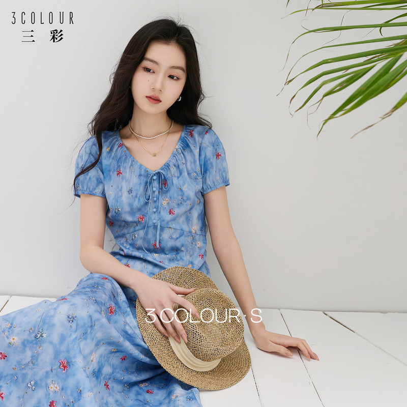 Sancai 2026 Summer New Style French Romantic Floral Dress Short-Sleeved A-Line Skirt Chiffon Long Skirt Blue Women's S