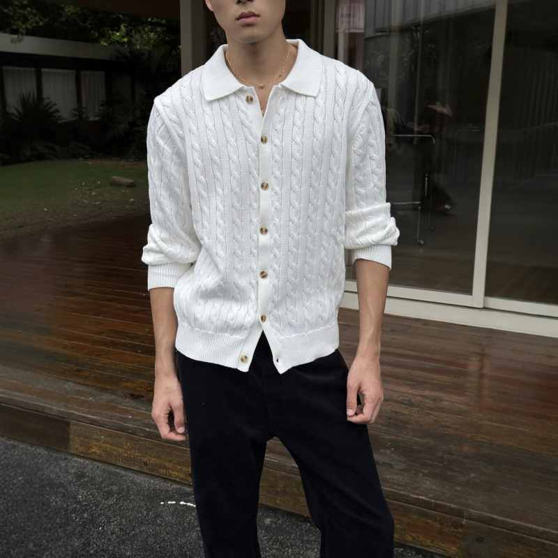 focusstorm 2026 autumn collection: men's loose-fit, button-down polo-neck cable-knit cardigan in a "old money" style focusstorm 2026 autumn collection: men's loose-fit, button-down polo-neck cable-knit cardigan in a "old money" style