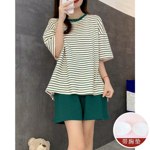 Women's pajamas with chest pad summer student Korean style cute women's short-sleeved shorts home wear suit loose can be worn outside