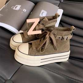 厚底帆布鞋女款2025新款小众百搭休闲板鞋复古高帮鞋女鞋图片款麻