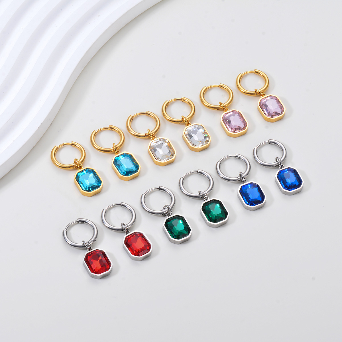 Square Pattern Women's Gender 1 Pair Simple Style Square Plating Inlay Stainless Steel Glass Drop Earrings