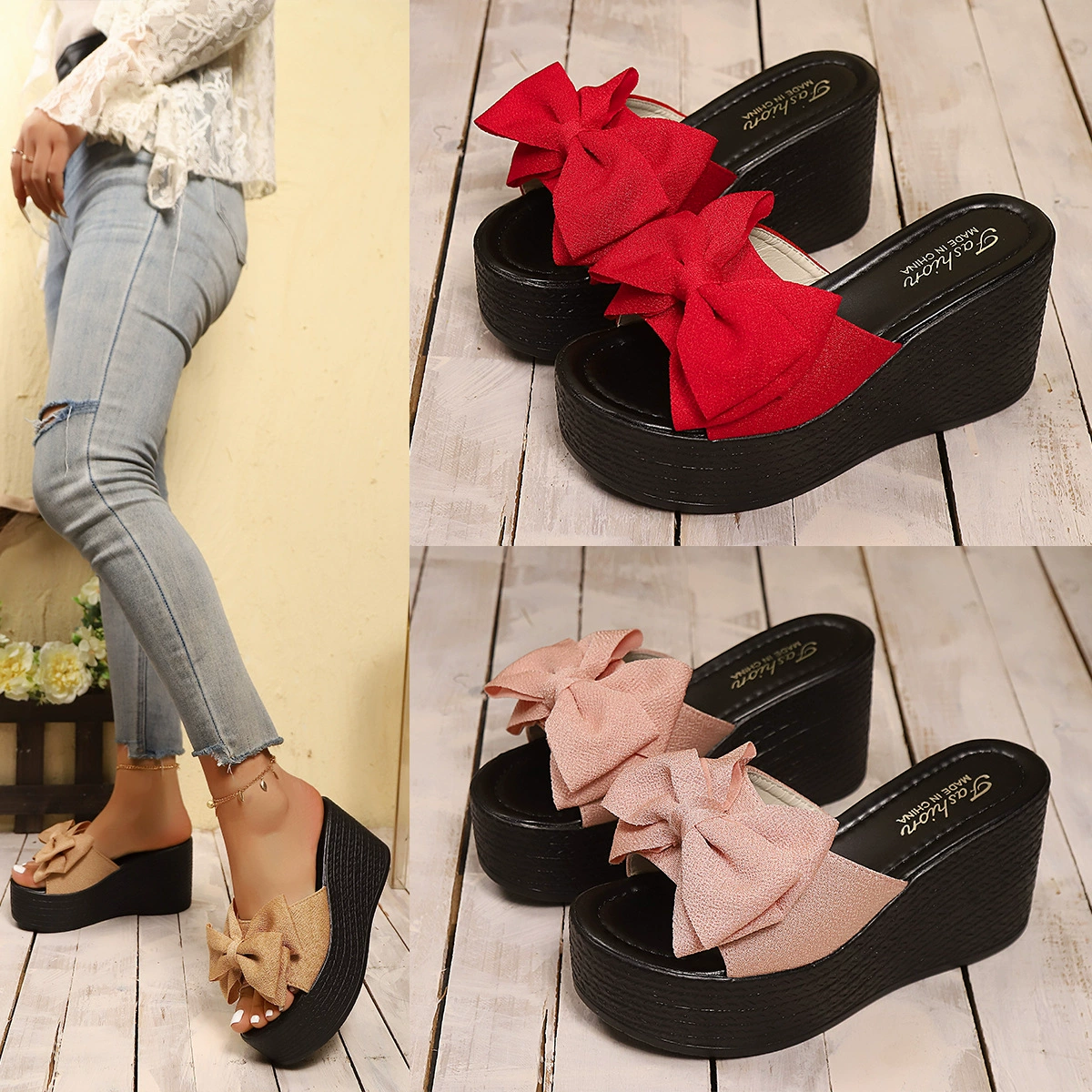 Внешняя торговля большой размер холостые тапочки на склоне на каблуке 2025 лето новый дикий римский стиль высокие каблуки с бантом