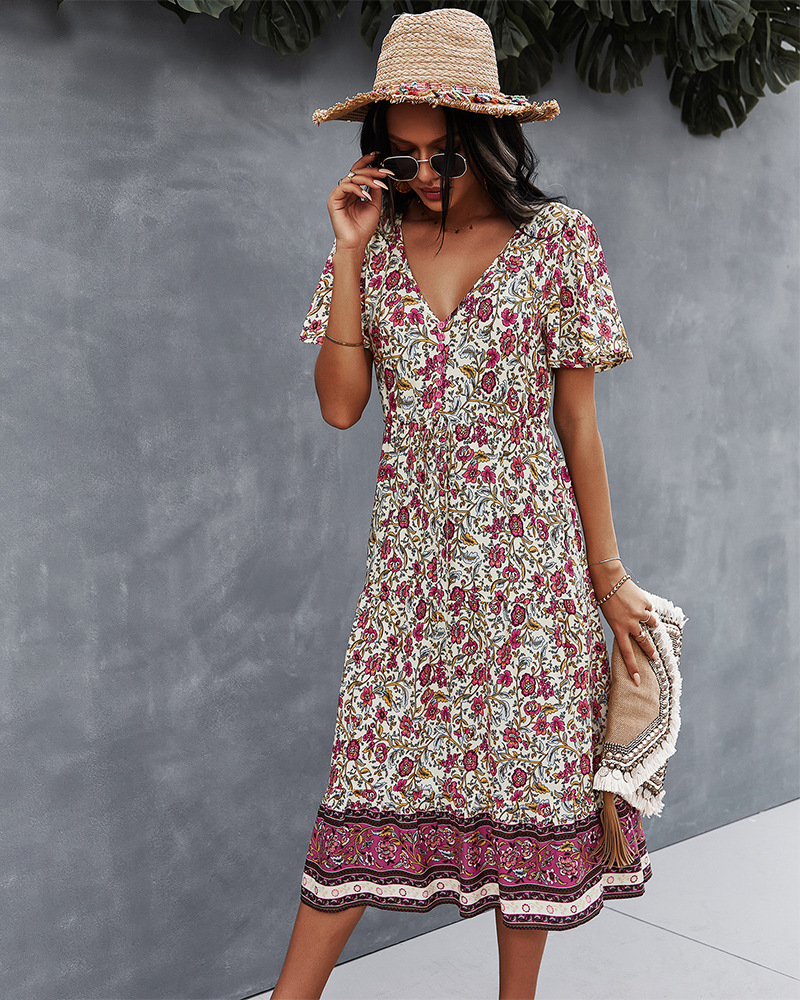 print spring and summer V-neck short sleeve dress NSDY36589