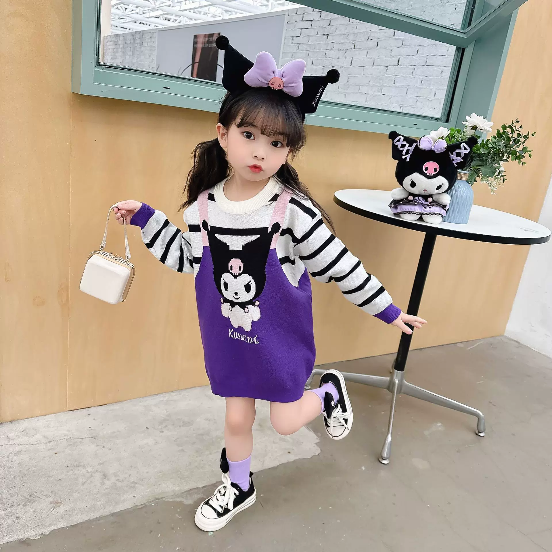 女童库洛米条纹卡通毛衣裙春款2024新款儿童小女孩宝宝针织连衣裙