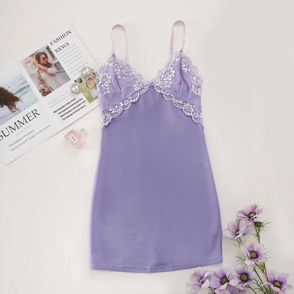 Solid Color Embroidery Stitching Slip Nightdress NSMDN115078