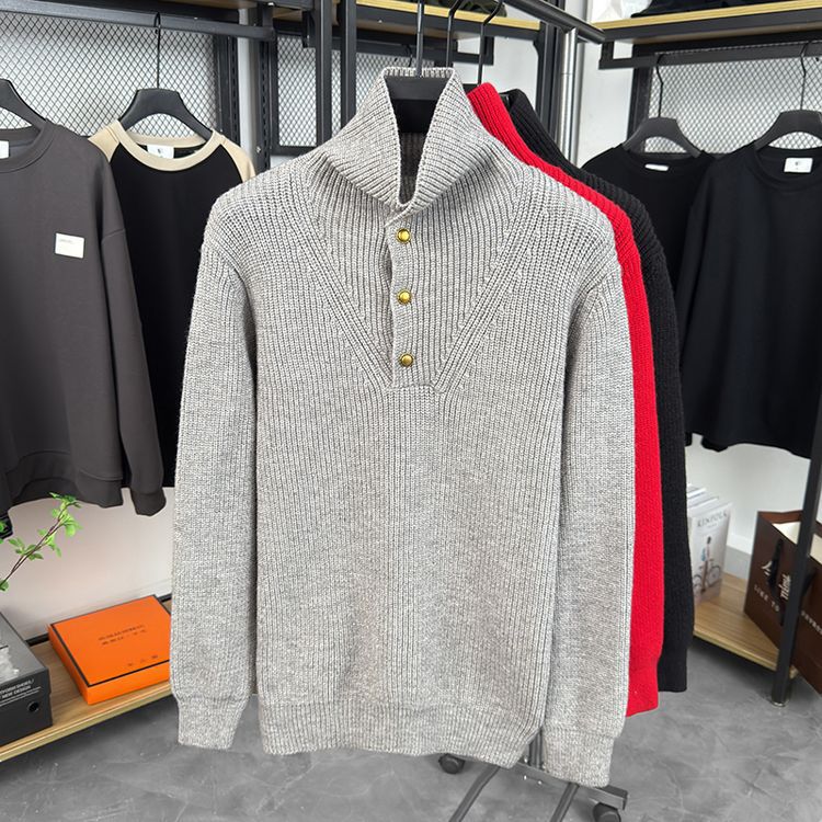 Suéter de punto para hombre, cuello alto con botones, color liso, nuevo modelo transfronterizo para otoño e invierno, cálido y sencillo, suéter básico de comercio exterior.