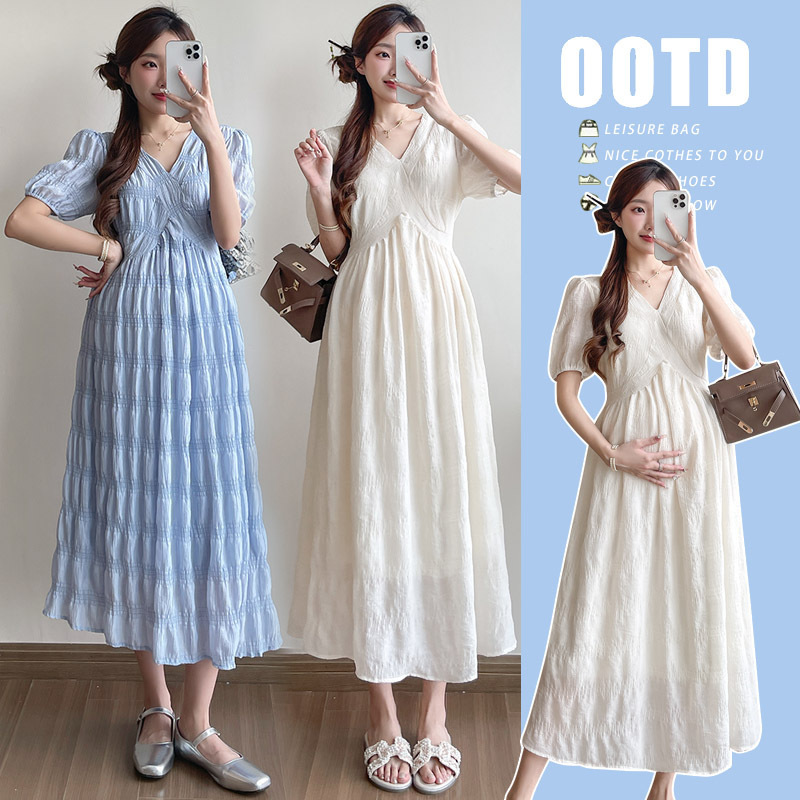Summer New Fashion French Retro Gentle Style Long Dress V-Neck Pleated Elegant Pregnant Women's dress Women's Maternity Dress