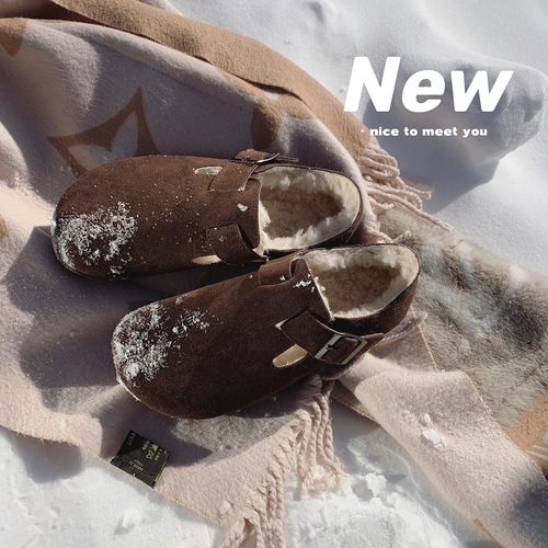 Slip-on soft-soled Birkenstock shoes for winter, plus velvet to keep warm, thick-soled retro Birkenstock shoes, genuine fur shoes for women, large size