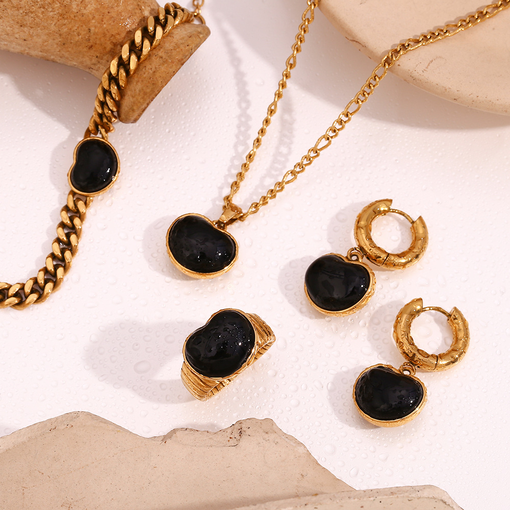 Black Agate Heart Ring Figaro Cuban Chain Bracelet Necklace