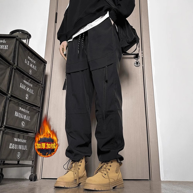 Fleece-Lined American-Style Black Cargo Pants for Men, Autumn and Winter, Petite, Thickened, Waterproof, Windproof, Outdoor Hiking Pants