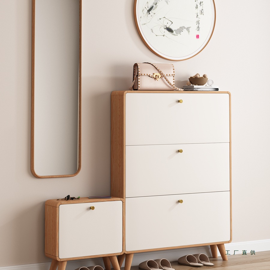 Solid Wood Nordic Ultra-Thin Shoe Cabinet for Home Entrance, Simple Modern Entryway Door, Narrow Version of the Stair Flip Cabinet 17cm