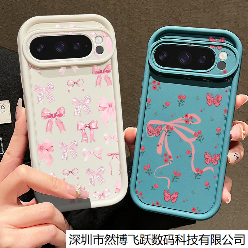 适用谷歌 Pixel 9粉色蝴蝶结手机壳Pixel 8 PRO彩绘花防摔保护套