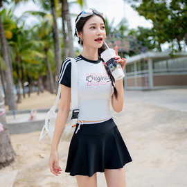 2024韩版ins风保守两件套简约字母少女度假泡温泉运动风泳衣泳装