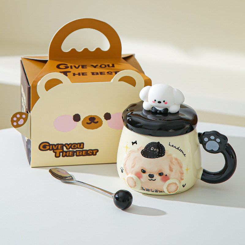 Taza de cerámica de alto valor nominal ins para cachorros con tapa para casa encantadora pareja taza de café para desayuno para acompañantes taza de regalo