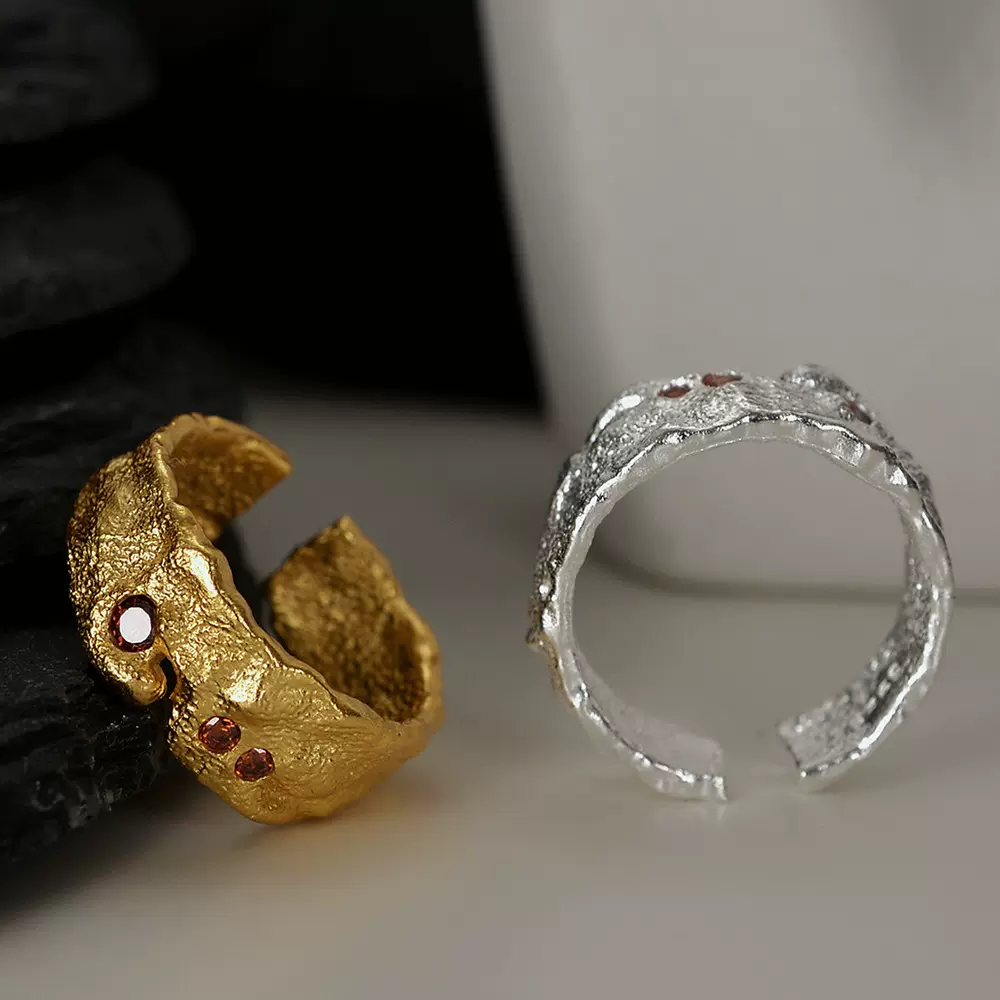 J1194韩版小众设计感S925纯银走水纹理戒指女ins风开口纹理食指戒