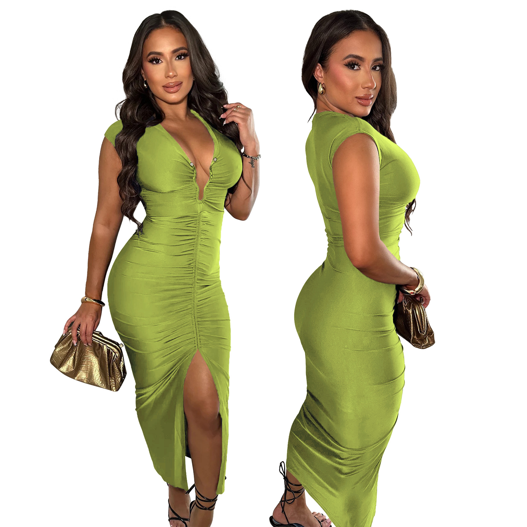 308g Weight Midi Dress Dress Length Type Sleeveless Sleeve Length Bodycon Dress Dresses Type Polyester Fabric Type High Waist Waist Line Party, Cocktail Party Occasion V Neck Neckline Skinny Fit Type Solid Color Pattern Summer Season Women's Gender Sexy, Streetwear Style Wholesale Women's Sexy Streetwear Solid Color Party Cocktail Party V Neck Sleeveless Bodycon Dress 20