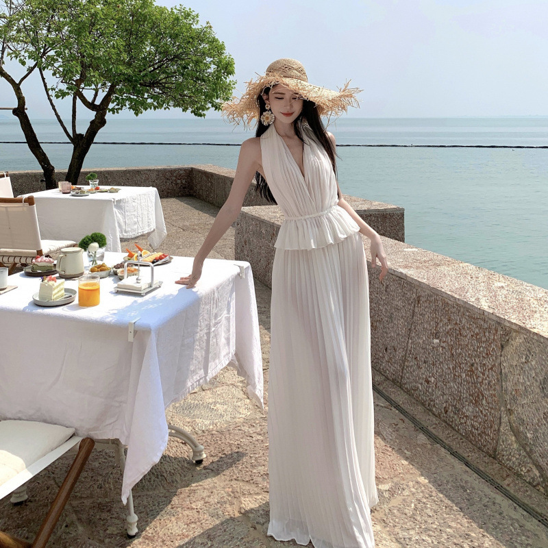 2025 Summer Halterneck Deep Slightly See-Through Large Backless Sexy Elegant Pleated Gauze Skirt Long Holiday Style Dress