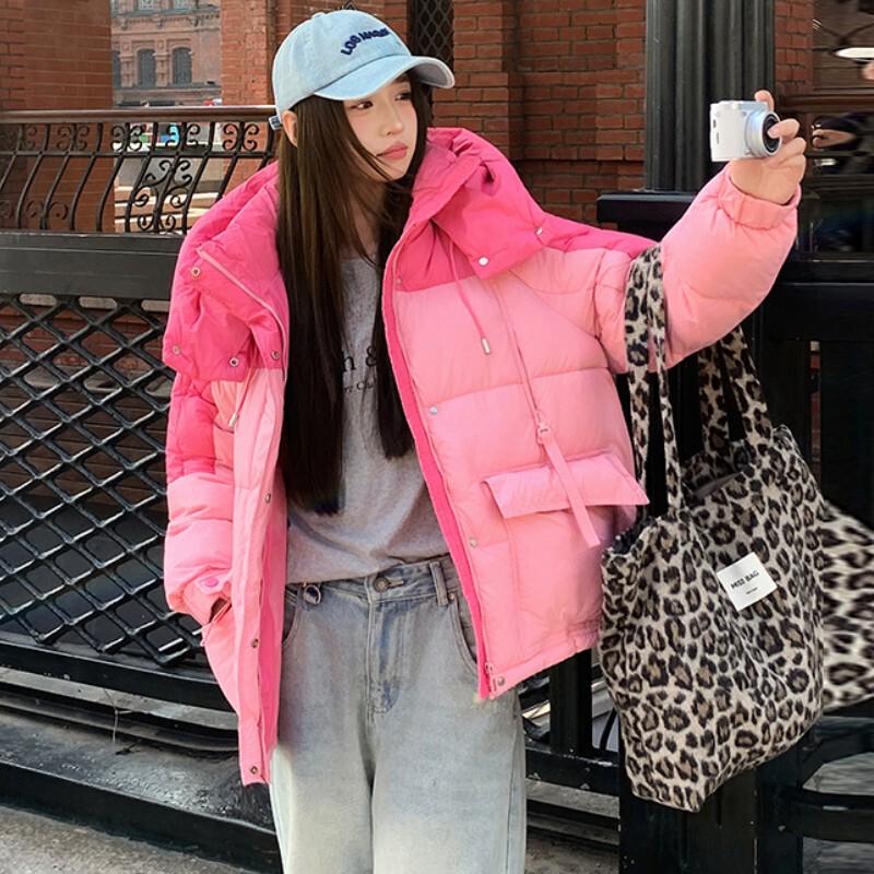 2026 Winter New Mid-Length Cotton Coat for Women, Fashionable Casual Slim-Fit Fluffy Korean-Style Color-Blocking Thickened Jacket