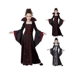 ヨーロッパとアメリカの新しいハロウィン子供用コスチューム魔女コスチューム中世レトロレースアップスタンドカラーベルスリーブプリントロングスカート