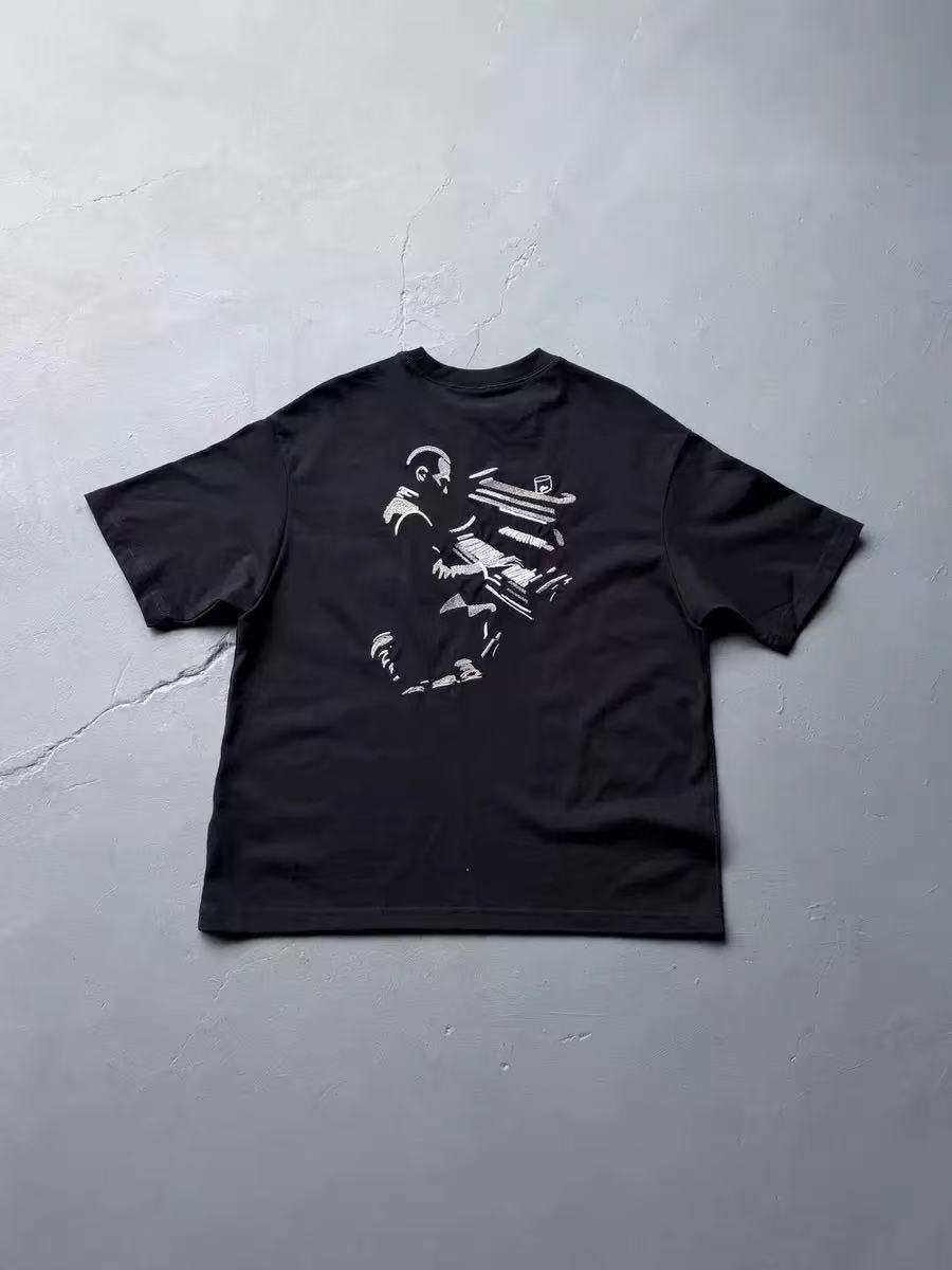 Derschutze Heavyweight Pianist Embroidery Short-Sleeve Trendy High Street Loose Casual Long-Sleeve Versatile T-Shirt