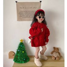 女童中长款圣诞红色毛衣2023秋冬季新款慵懒系宝宝针织衫洋气上衣