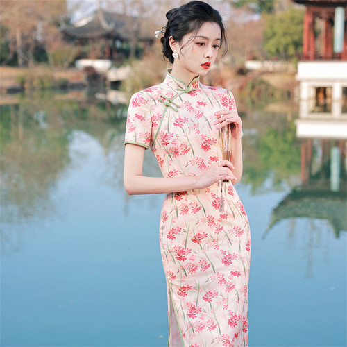 Retro Chinese Dress oriental Qipao Cheongsam for women double printing wrinkle damask qipao dress cheongsam young fresh literary cultivate morality