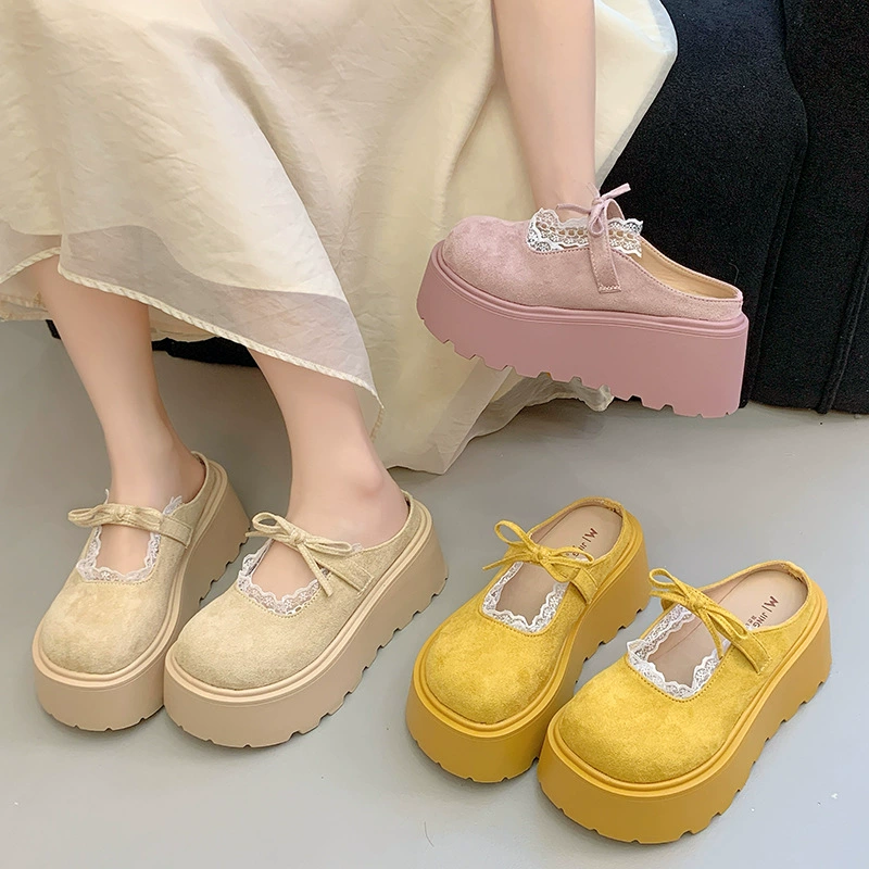 Mary Jane Half Slippers for Women 2025 New Spring and Autumn Thick Sole One-Stuffed Round Head College Style Loafer Slippers