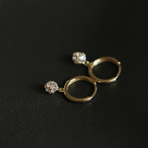 Shining ball S925 silver plated 14K gold earrings zircon temperament simple small earrings sterling white fungus buckle ear bone ring