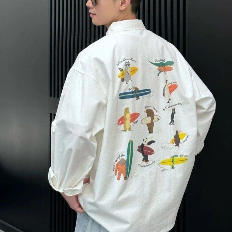 Fashionable and Trendy, Unique Back Cartoon Print, Versatile Loose-Fitting Button-Down Hong Kong Style Shirt Jacket