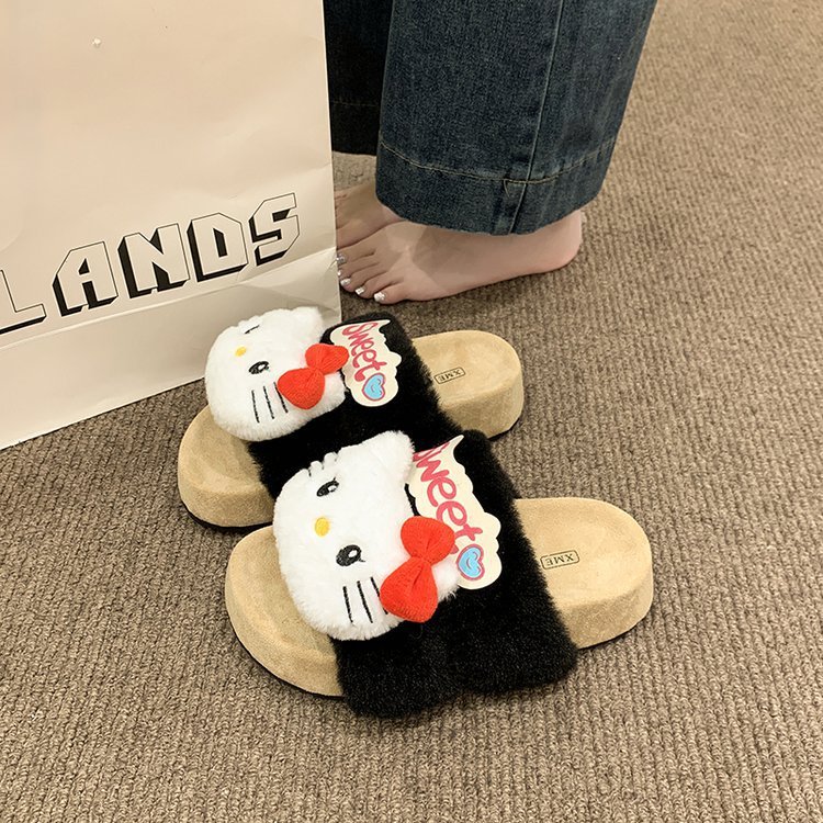 厚底增高一字拖女外穿2025年新款秋冬季可爱卡通懒人一脚蹬毛毛拖|undefined
