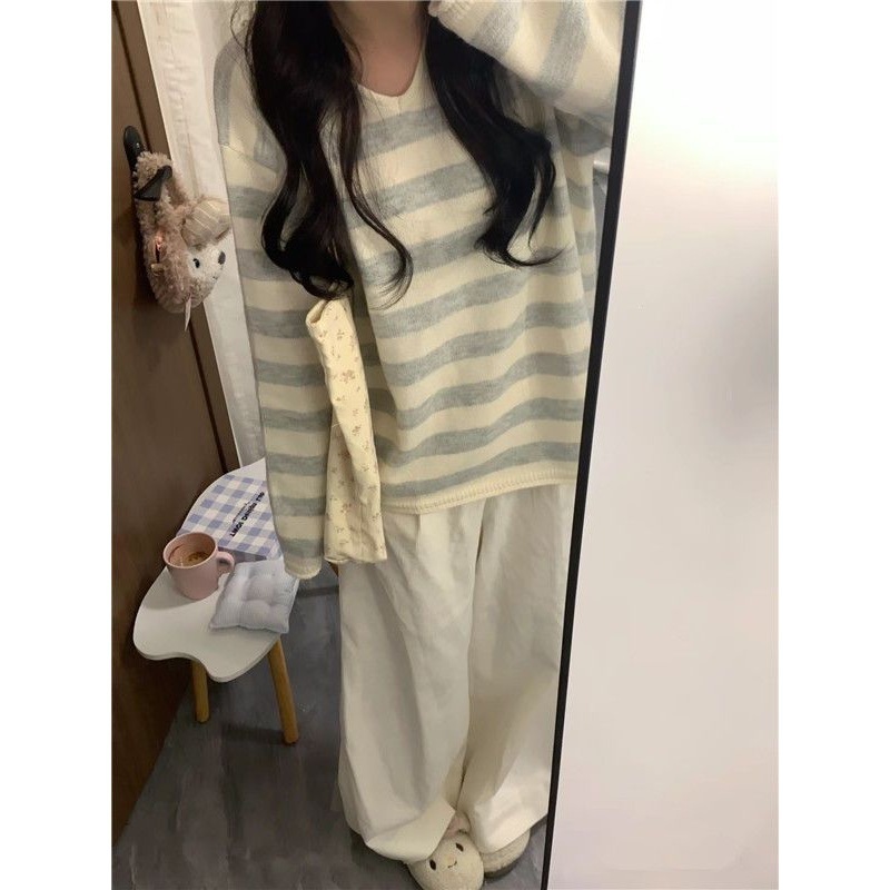 柔软韩系春秋温柔超软撞色慵懒宽松显瘦毛衣上衣条纹针织衫V领糯|undefined