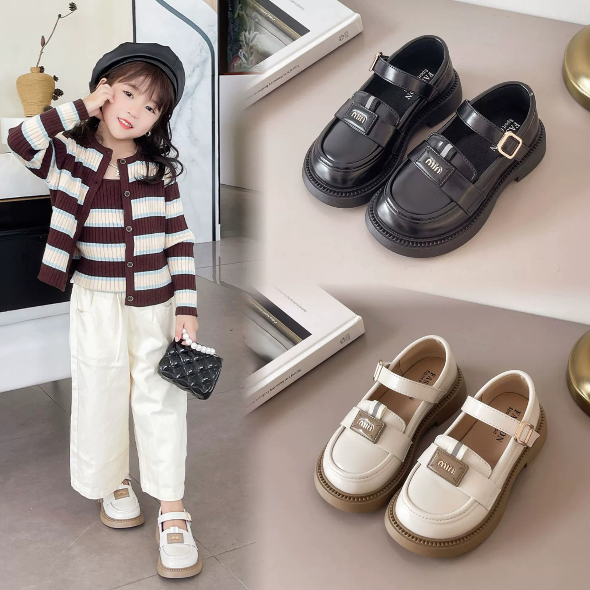 Детская кожаная обувь 2024 осенняя новая средняя детская металлическая пряжка маленькая черная кожаная обувь для девочек одиночная обувь нескользящая студенческая обувь