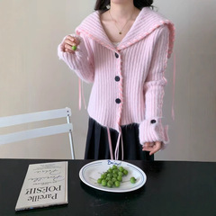 高级感大翻领飘带毛衣外套女韩系编织感显瘦针织开衫秋季新款女装