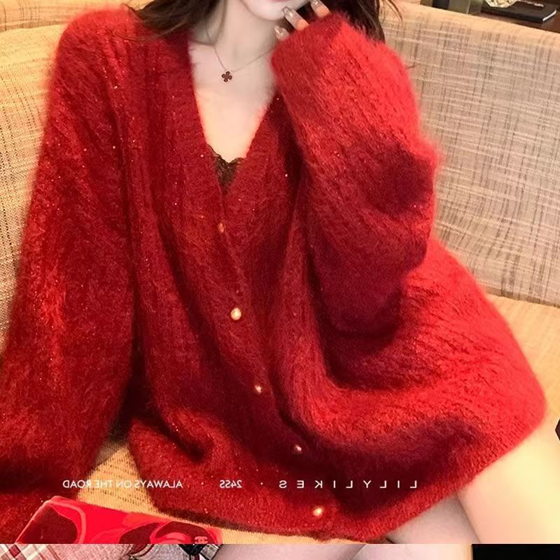 慵懒风女冬季设计针织新款女上衣金丝套头氛围感百搭毛衣开衫外套|undefined