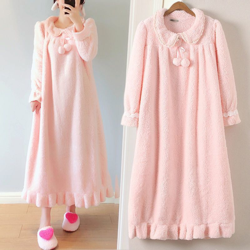 Winter Thickened and Extended Flannel Bathrobe with Doll Collar, Nightgown, Coral Fleece Outerwear, Home Wear for Women Winter Thickened and Extended Flannel Bathrobe with Doll Collar, Nightgown, Coral Fleece Outerwear, Home Wear for Women