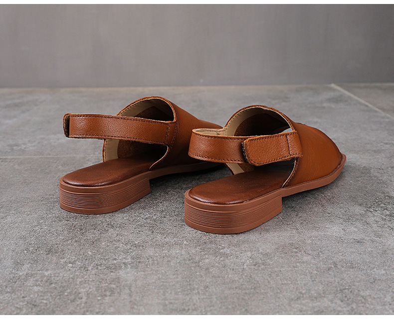 Sandal nữ da bò thật hở mũi phong cách cổ điển quai chữ V đế bệt mềm — màu nâu chi tiết 15