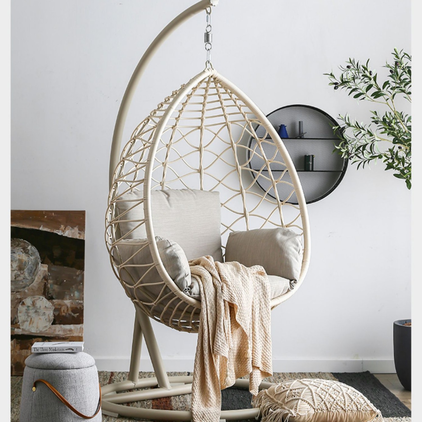 Silla colgante individual de mimbre para exterior, tipo nido de pájaro, para balcón, patio, o interior, tipo columpio, en stock. image 12